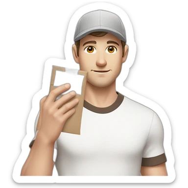 Pale skinned fit Man with dark brown hair in a light gray cap, dark brown jeans, brown polo and white T-shirt keeping a pasted with tape white box into his hands sticker