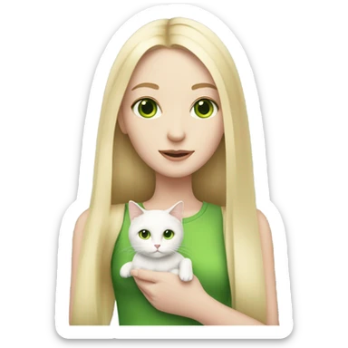 A pale girl with long blonde straight hair and green eyes holding a small white cat sticker