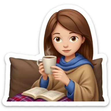 Beige Brown hair Girl drinking coffee, reading book with a cozy blanket sticker