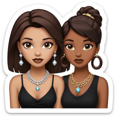 Boujy baddie best friends, trendy heavy makeup both dark hair one light skinned and one mocha brown pretty hair both wearing black and earrings and diamond necklace one mocha brown skin better ones please  sticker