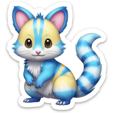 Realistic cute Neon-yellow and neon-cobalt-blue and cyan-gradients Furret-Emolga-Genet-Purrloin-hybrid-fusion (full body) sticker