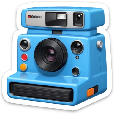 A hand-drawn doodle in a minimalist, cartoon style of a [instant camera]. The object is white with thick, rough, black marker outlines and two small black dot eyes. It is a simple sketch with no realistic textures, centered on a solid [blue] circular background." sticker