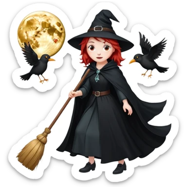witch with red hair flying , on the background - full moon and black birds, должна лететь на метле sticker