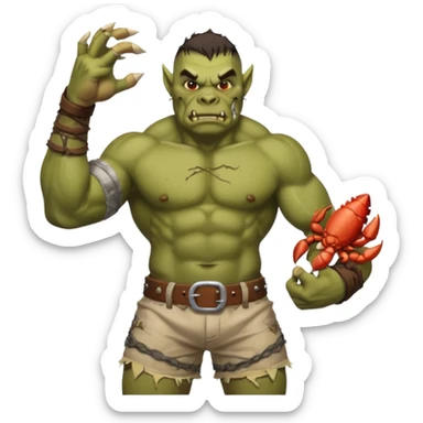 orc male flexing with giant crab. Torn net shorts, claw trophy belt sticker