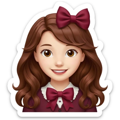 girl wavy long hair brown hair with a burgundy bow sticker
