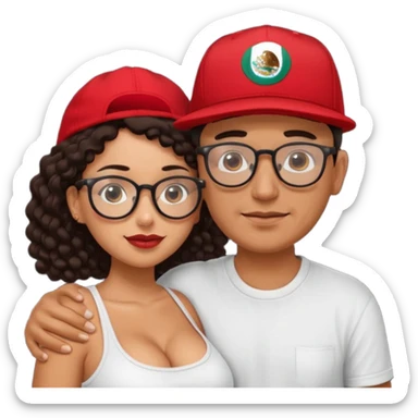 A picture of an embracing tanned couple. the man is a Mexican man with tanned skin, with a bald hair cut wearing a red SnapBack hat and wearing a black shirt. the woman is mixed, with glasses,  with long curly dark brown hair and with big boobs.  sticker
