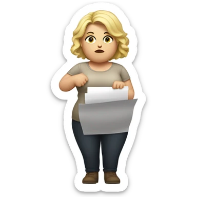 overweight blondie woman with doubts reading a paper in their hands sticker
