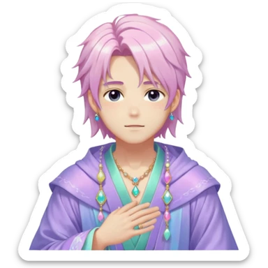 Beautiful gorgeous romantic blushing youthful handsome anime guy with beautiful iridescent-pastel-whitish-special-gently-tousled-medium-long-hair, fashion aesthetic, ethereal, fairycore, pastelcore, layered robes, accessories, jewelries, colorful, shiny, trending style, outside sticker
