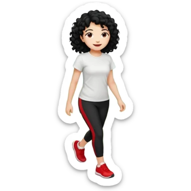 generate a pretty bratz fair skinned girl with curly black hair wearing a white tshirt trekking on a hill with red sneakers on and black leggings sticker