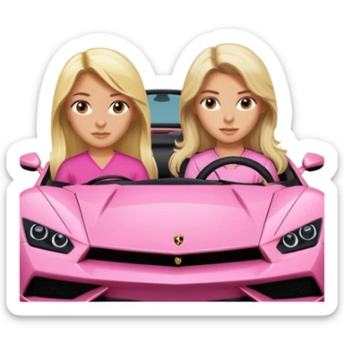 Make car far away so I can see full car Car facing forward in pink sports car. Make hair long are not smiling but very pretty. One girl is blonde, one girl is brunette. Front of car sitting in the seats. Make it a pink sports car. They are two baddies make it a Lamborghini pink car  sticker