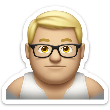 A fat guy with no shirt on with blonde hair and glasses typing on a keyboard  sticker