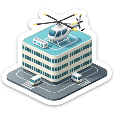 hospital isometric view building with heliport sticker