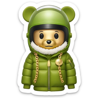 bearbrick toy with lime balaclava tagged with logos, wearing oversized monolens ski-type visor shield covering eyes as one continuous piece, puffer jacket with fur, gold chains sticker
