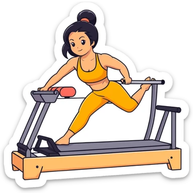 woman with tanned skin, long black hair, wearing a sports bra, doing exercise on a Pilates reformer machine sticker