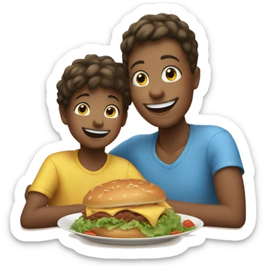 smiling boy and boys mom enjoying food sticker