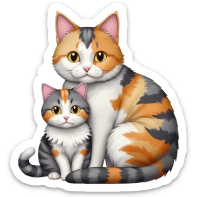 full body colourful light patched calico + white tabby cat cuddling a bigger cat that is dark grey and white tabby cat  and they are in love sticker