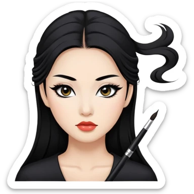 black hair, black eyes, asian baddie,pretty makeup, strong makeup, black eyeliner, long hair sticker