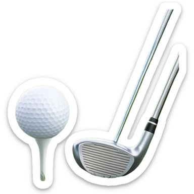 A golf ball on a tee, with a golf club placed beside it on the lush green fairway. The background shows a serene golf course with neatly trimmed grass and a clear blue sky, emphasizing the elegance and precision of the game. sticker