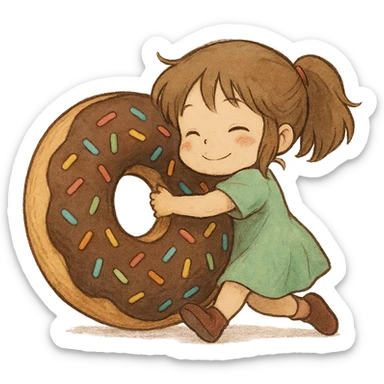 soft Ghibli style chibi girl hugging giant donut with sprinkles sticker