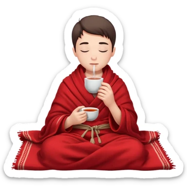 A European boy is sitting wrapped in a red blanket, drinking tea with his eyes closed. sticker