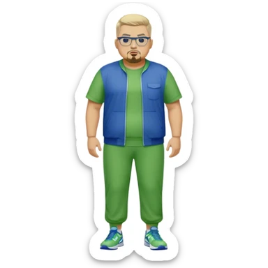 Full Body white male plus size wearing glasses with a goatee with light blonde and gray very short hair angry head Coach in blue and green Nike jump suit sticker