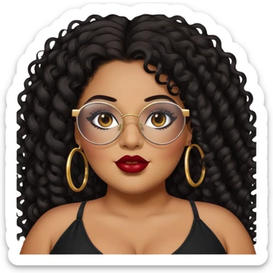 big plus size, latina, darker tan skin, gold hoops, long black curly hair, baddie,pretty, makeup, dark red lipgloss, black eyeliner, long hair, black top, black glasses sticker