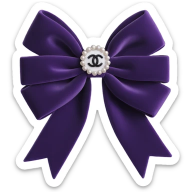Change the bow to a double-layered velvet bow, keep pearls and silver Chanel logo, elegant, glossy, black and white, 3D emoji style, with no background sticker