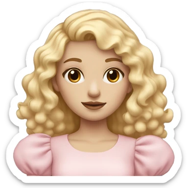 pale girl with bangs and long blonde curly hair and a pastel pink puff sleeve dress sticker