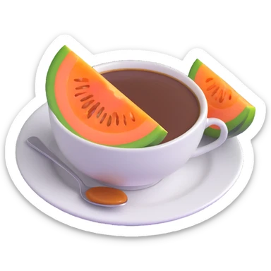 carajillo in an espresso cup with a slice of cantaloupe melon beside it sticker