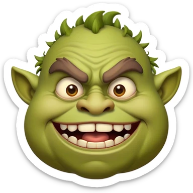Cinematic Comical Ogre Portrait Emoji, with a strikingly exaggerated, bulky figure in vivid earthy greens and browns, head tilted in a dramatically surprised expression with wide, comically bulging eyes and a goofy, oversized grin, simplified yet hilariously exaggerated, highly detailed with a soft, cartoonish glowing outline capturing the playful absurdity of a meme-worthy ogre! sticker