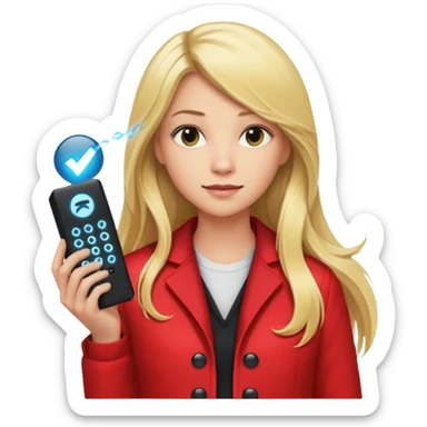 mujer  joven rubia con pelo largo y saco rojo con modem de internet sticker