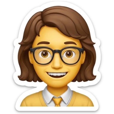 yellow face nerd emoji style with chin-length wavy brown hair and classic nerd emoji teeth sticker