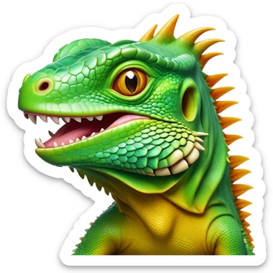 Cinematic Realistic Comical Iguana Portrait Emoji, Head tilted dramatically with an exaggeratedly amused expression, featuring a striking, glossy green-scaled body with bold natural textures and wide, expressive amber eyes brimming with playful disbelief, rendered with lifelike clarity and vibrant hues, high shine, dramatic yet playful, styled with an air of cheeky tropical mischief, soft glowing outline, capturing the essence of a spirited and over‐the‐top iguana that looks ready to charm its way into viral fame! sticker