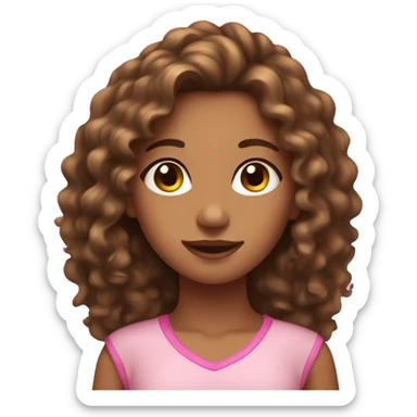 girl with long brown curly hair and tan skin wearing pink sticker