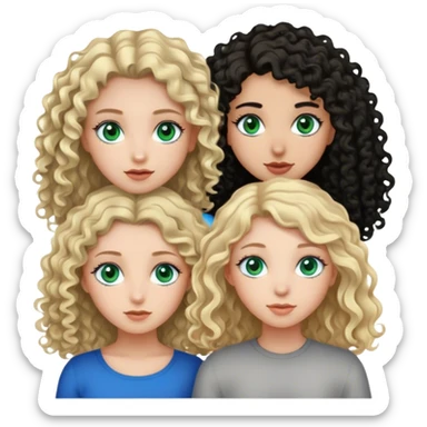 three girl, the oneom the left  blonde with blue eyes, the one that is in the middle that have curly brown hair and grey eyes e the one on the right with straight black hair and green ehes sticker