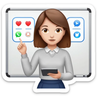 Make an emoji of a girl (no glasses) with brown hair who is teaching how to use iMessage on a board sticker