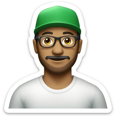 CCreate a young mixed-race man with a beard and moustache wearing an all-green cap and a white T-shirt. Add the supreme brand logo on the cap, brown eyes and a pair of sunglasses with blue glasses. sticker