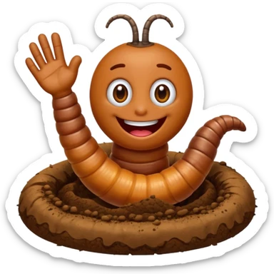 Happy worm waving from dirt hole sticker