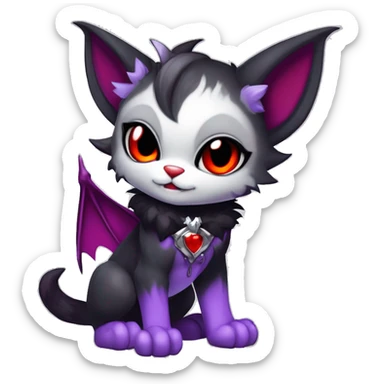 Anthro-Cute-Edgy-Cool-Vampiric-Batty-Cat-Black-Purple-Red-Grey-White-Contrast-Colors-Fantasy-Fur-Sona-Chibi-Shiny-Fakémon-Hybrid with horns and fangs and collar full body sticker