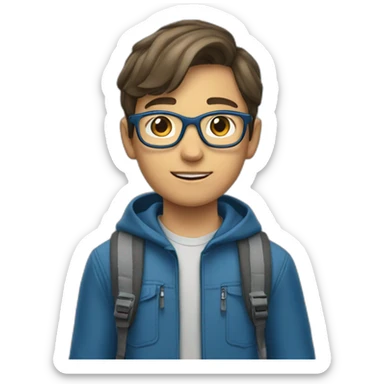 a 12-year-old boy with brown hair and gray eyes wearing glasses in a blue jacket with a backpack on his back sticker