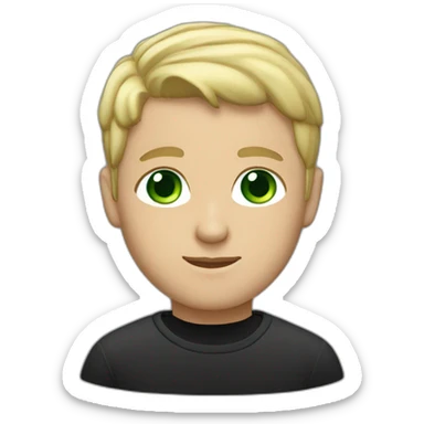 A blond short haired man with green eyes and a black sweatshirt sticker