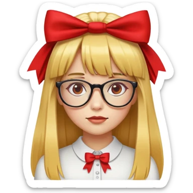 yellow skin girl with long straight hair, bangs, red bow on hair, wearing glasses sticker