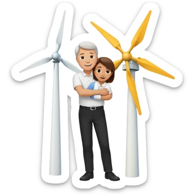 an older white man with brown hair and a white shirt and black pants hugging a wind turbine sticker