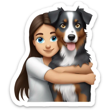 Brunette blue blue-eyed girl hugging Tricolored Australian Shepherd sticker