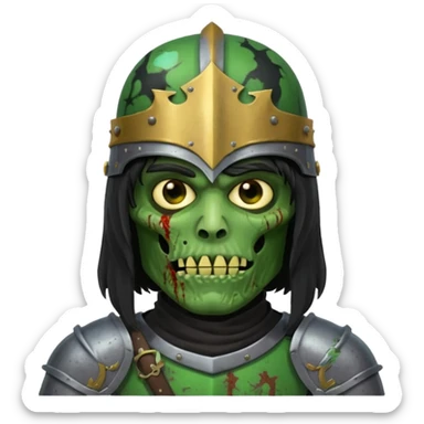 a male with long black rough hair wearing a knight helmet with green zombie skin sticker