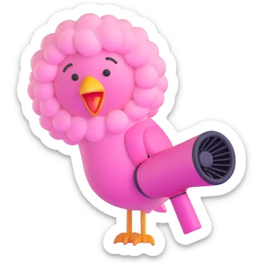 cute soft fluffy hair dryer bird, blowing gentle air, happy face, soft pink, full-body sticker