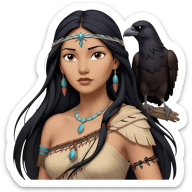 Cinematic Realistic Pocahontas Portrait, depicted with lifelike skin texture, soft natural lighting, and intricately detailed long, flowing raven-black hair that moves gracefully in the wind. Her deep, soulful dark brown eyes exude wisdom and strength, complemented by a serene yet powerful expression. She is dressed in her classic one-shoulder native american dress, with rich fabric textures and delicate beaded details that catch the light beautifully. The portrait features a soft, sun-kissed glow with a natural, radiant finish, capturing the essence of untamed beauty and deep connection to nature in a realistic and painterly style, evoking a sense of depth and authenticity. sticker