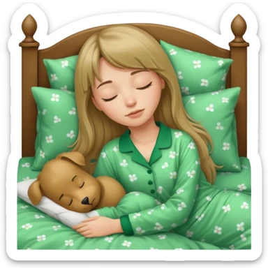 Young woman with long dark blond hair and a bang sleeping in bed  with green pyjama sticker