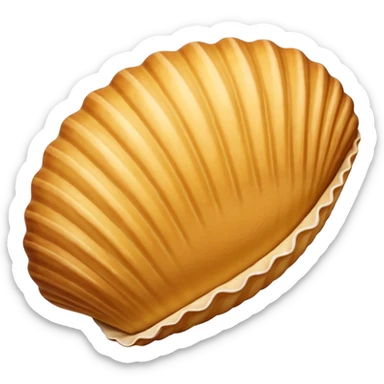 A madeleine pastry. Oval seashell shape with ONLY four to five vertical lines going in the same direction. Light golden brown. Scalloped edge. Cookie. Flat. Long. Oval shape. Lets scallops. Only four or five scalloped lines. Oblong shape. More length. Less roundness. More vertical length sticker