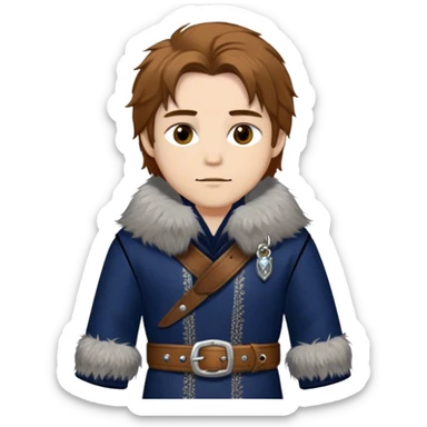 Medieval winter outfit worn by a DnD themed fantasy male character. Midnight blue felted wool tunic with silver fox fur collar, embellished with ornate metal clasps and a thick leather belt with decorative stitching. Clothes only above the waist, full waist coverage. The character has no arms. Character is white-skinned with honey brown hair, amber eyes, and shoulder-length straight hair with winter-weathered ends. sticker